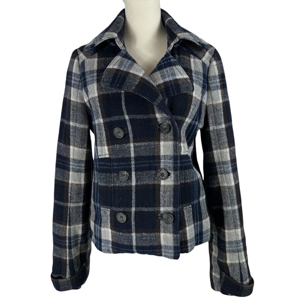 Vintage Y2K Abercrombie & Fitch Navy Blue Plaid Cropped Pea Coat Size Sm…
